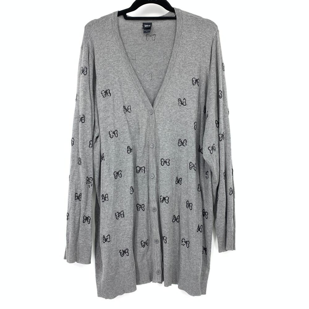 Torrid Disney V-Neck Button Front Cardigan Sweater Sz 4X Gray Black Sequin Bows
